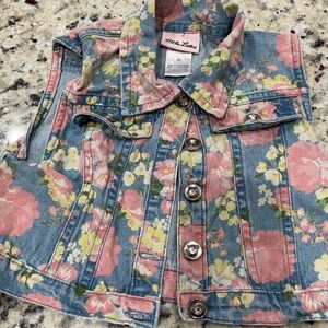 Little Lass Pink & Blue Floral Denim Jean Vest Toddler 4T Like New Rhinestones
